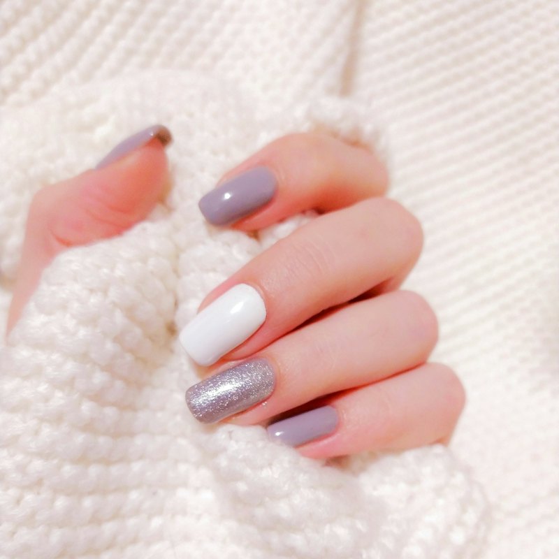 Mauve, white and silver glitter nails