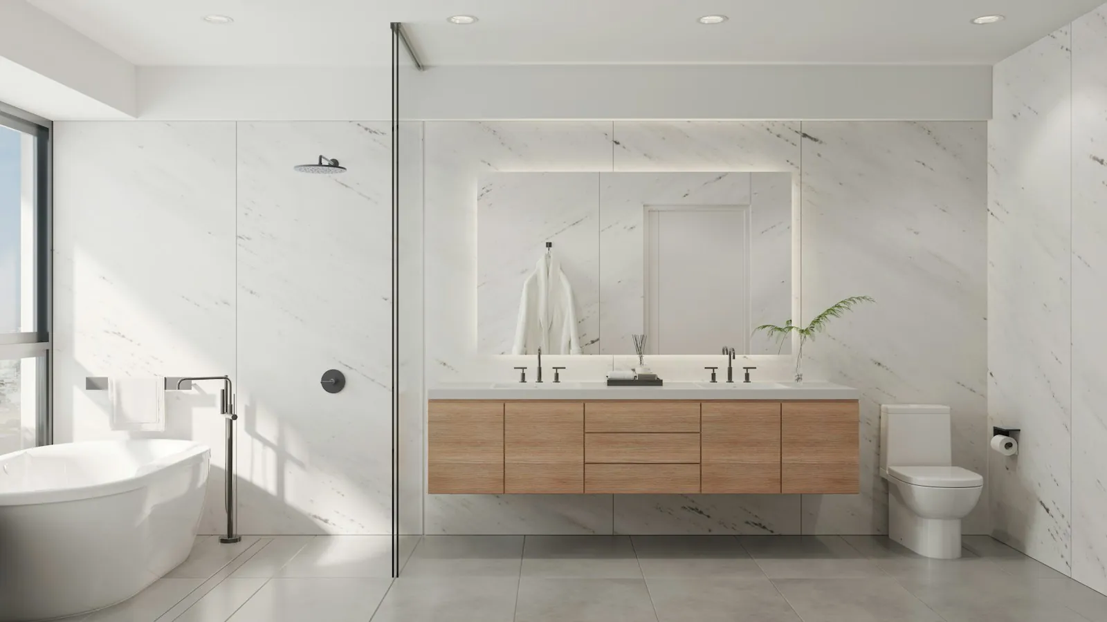 Bright bathroom with freestanding bath