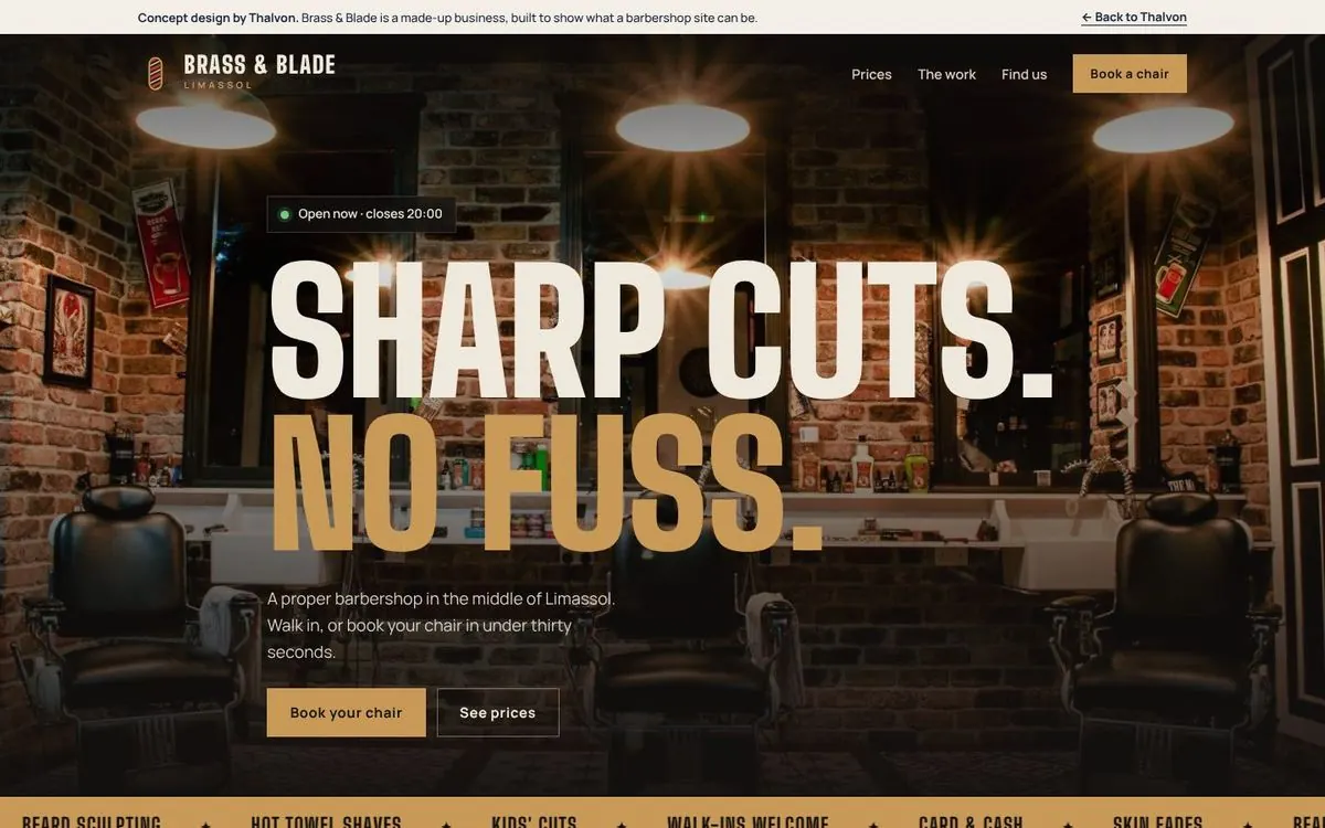 Brass and Blade barbershop concept homepage
