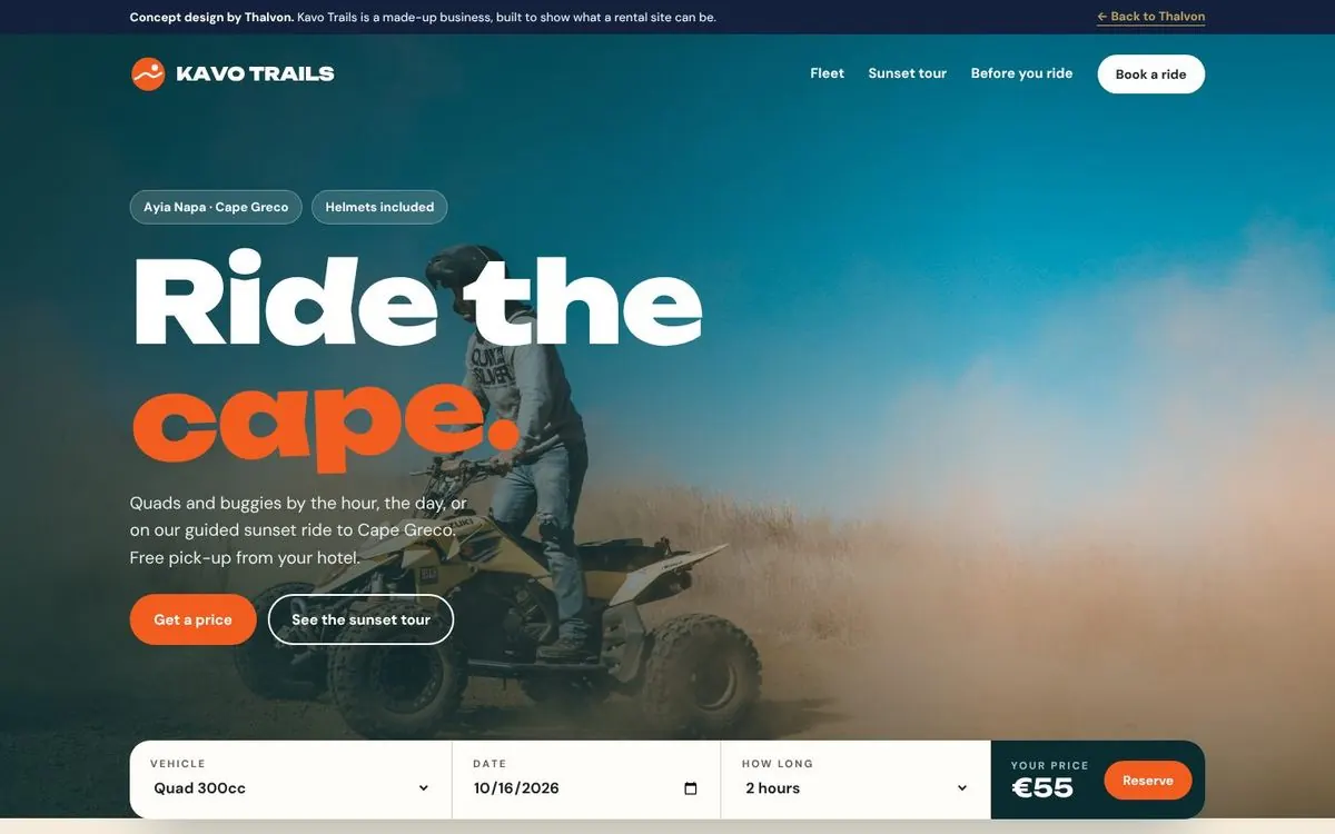 Kavo Trails quad rental concept homepage