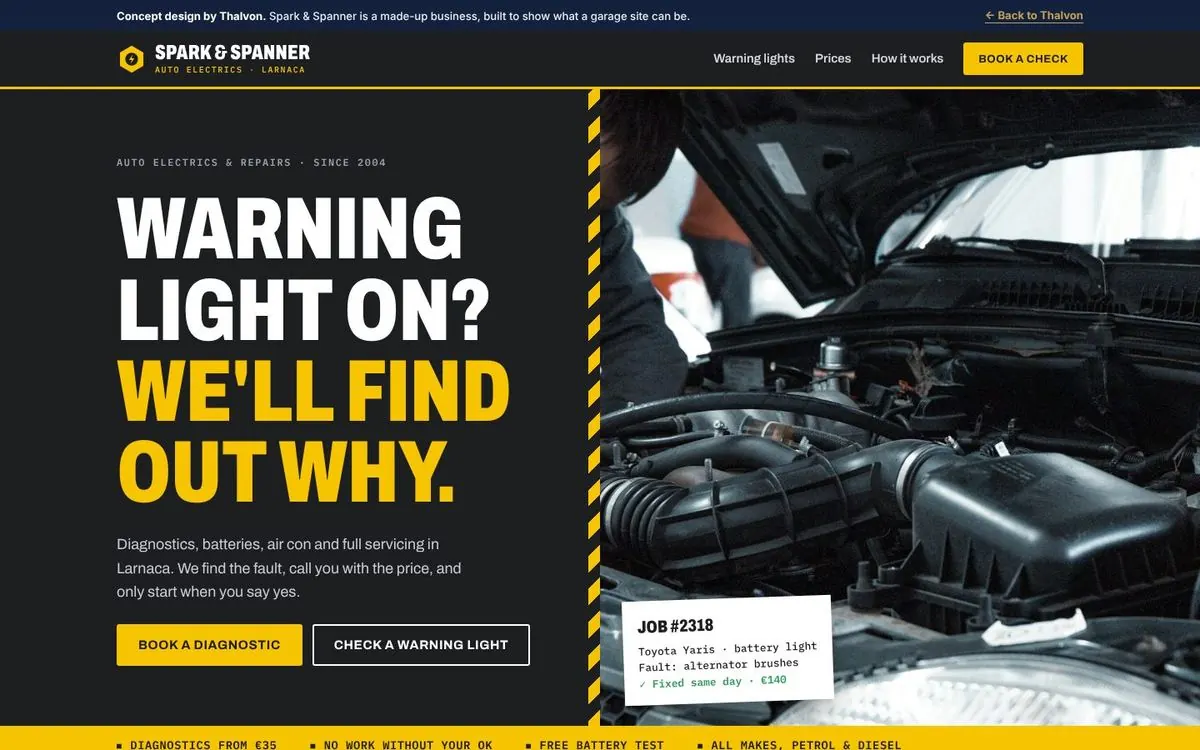 Spark and Spanner garage concept homepage