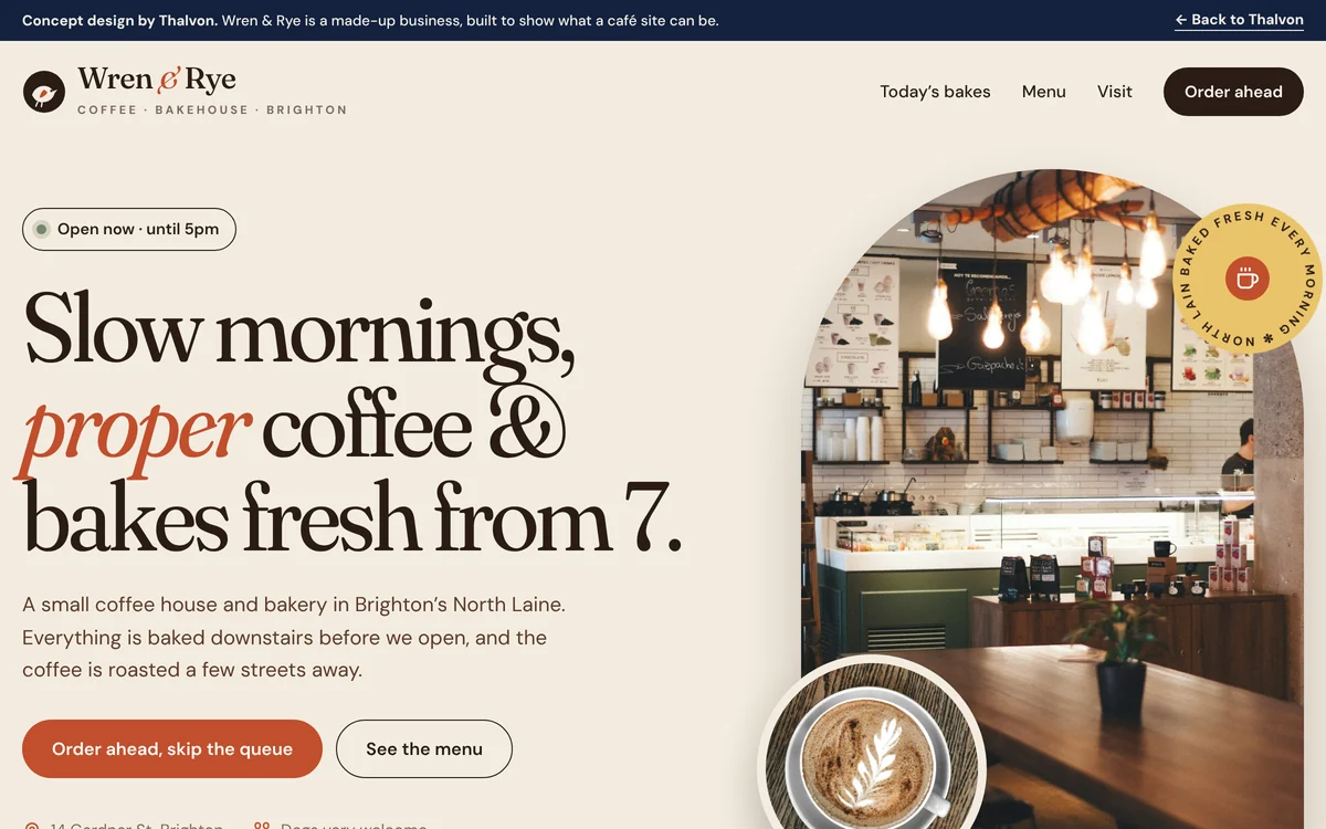 Wren & Rye café concept homepage